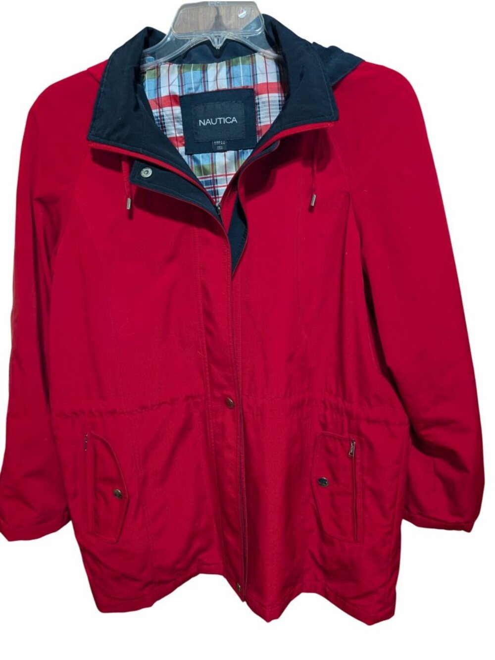Nautica Womens Red Hooded Raincoat L Mid-Length Travel Jacket With Zip Pockets